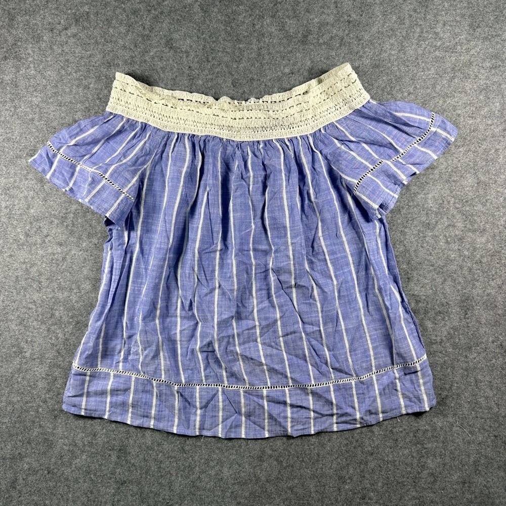 Westbound Petites Off-the-Shoulder Top PL Blue White Striped Crochet Trim